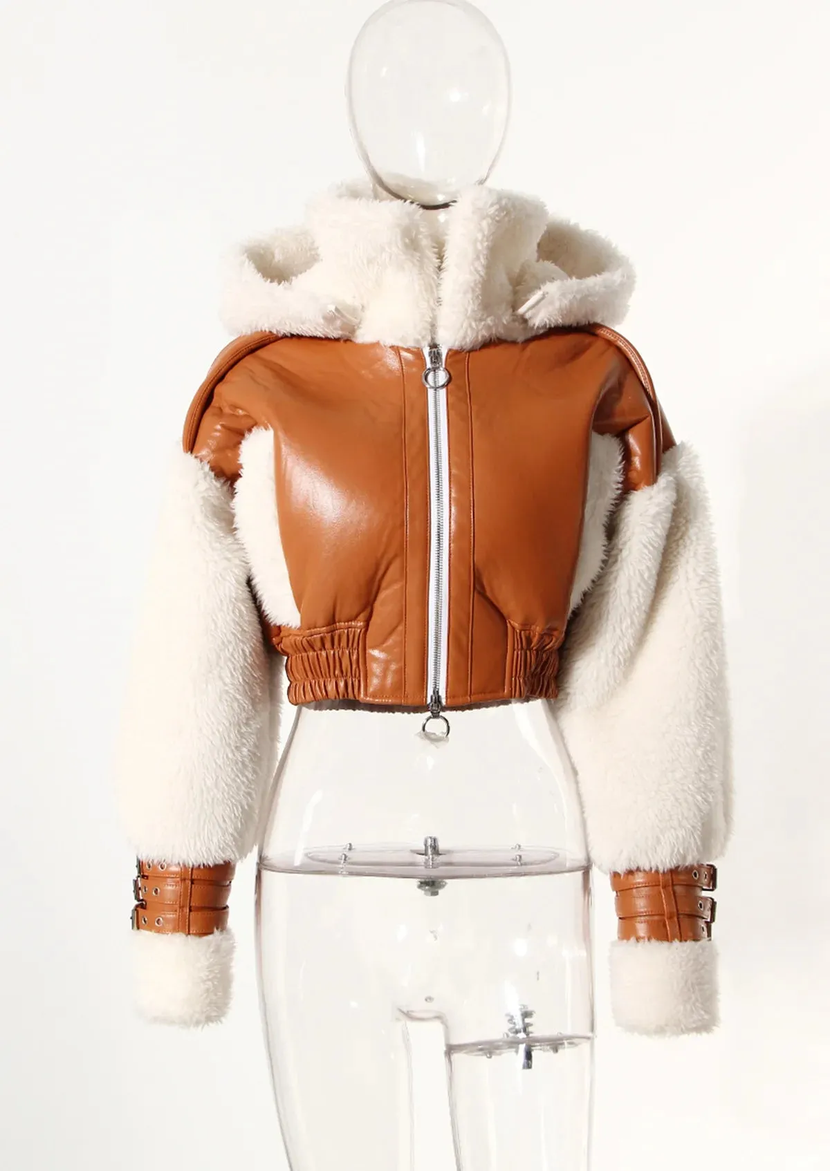 Leather Patchwork Lamb Wool Hooded Jacket Women Thick Warm Crop Coats